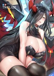 Rule 34 | 1girl, ahegao, azur lane, bare shoulders, black dress, black hair, black thighhighs, blush, breasts, cleavage, covered erect nipples, dress, friedrich der grosse (azur lane), hair over one eye, highres, horns, large breasts, long hair, looking at viewer, machinery, pixiv username, red horns, sitting, smile, solo, sweatdrop, thighhighs, thighs, tnolize, turret, very long hair, yellow eyes