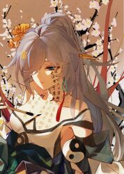 Rule 34 | 1girl, absurdres, blue eyes, body writing, chinese commentary, closed mouth, collarbone, commentary request, dress, expressionless, flower, fu hua, fu hua (azure empyrea), grey hair, hair over one eye, highres, holding, holding brush, honkai (series), honkai impact 3rd, long hair, off shoulder, ponytail, solo, upper body, white dress, white flower, writing, xiaxianbujunzi, yin yang