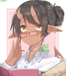 Rule 34 | 1girl, 2021, :o, absurdres, ace of bros, artist name, blush, book, brown hair, dark-skinned female, dark skin, dated, earrings, elf, glasses, highres, horns, jewelry, necklace, oni, original, pearl necklace, pointy ears, yellow eyes