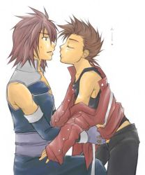 Rule 34 | 00s, 2boys, age difference, closed eyes, father and son, hug, kiss, kratos aurion, lloyd irving, male focus, multiple boys, surprised, sweat, tales of (series), tales of symphonia, yaoi
