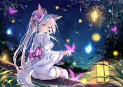 Rule 34 | 1girl, animal ears, blue eyes, blush, bow, breasts, bug, butterfly, energy, floral print, flower, fox ears, fox girl, fox tail, from behind, fuuro (johnsonwade), glowing, glowing butterfly, hair between eyes, hair bow, hair flower, hair ornament, head tilt, in tree, insect, japanese clothes, kimono, lantern, long hair, long sleeves, looking at viewer, looking back, night, night sky, obi, original, outdoors, plant, ponytail, sash, see-through, sitting, sitting in tree, sky, smile, solo, sparkle, standing, star (sky), star (symbol), starry sky, tail, thighhighs, tree, very long hair, white thighhighs, wide sleeves, yukata