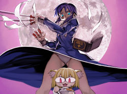 Rule 34 | 2girls, :3, animal ears, aqua eyes, backlighting, between fingers, bible (object), black keys (type-moon), blade, blonde hair, blue dress, bowl, chibi, chibi inset, ciel (tsukihime), clenched hands, clothes lift, commentary request, covered mouth, curry, dress, dress lift, eating, fighting stance, food, full moon, glaring, glowing, holding, legs apart, long sleeves, looking at another, looking down, materializing, medium hair, melty blood, moon, multiple girls, neco-arc, open mouth, pages, panties, pink background, purple hair, red eyes, sidelocks, sleeves rolled up, spoon, standing, sweatdrop, thighs, tsukihime, underwear, white panties, wide stance, ysk!