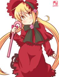 Rule 34 | 1girl, artist logo, blonde hair, bonnet, bow, cane, color connection, commentary request, cosplay, dated, dress, feet out of frame, green bow, hair color connection, kanon (kurogane knights), kantai collection, long hair, looking at viewer, one-hour drawing challenge, red dress, rozen maiden, satsuki (kancolle), shinku, shinku (cosplay), simple background, solo, white background, yellow eyes