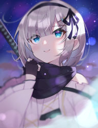 Rule 34 | 1girl, aotake iro, black gloves, black hairband, black scarf, blue eyes, blush, closed mouth, commentary request, gloves, grey hair, hair ornament, hairband, hairclip, hand up, highres, kaga sumire, katana, long sleeves, looking away, night, night sky, partially fingerless gloves, scarf, sky, smile, solo, star (sky), starry sky, sword, upper body, virtual youtuber, vspo!, weapon, wide sleeves, x hair ornament