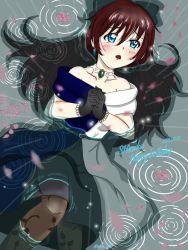 Rule 34 | 1girl, :o, aqua eyes, artist name, artist request, back bow, bare shoulders, belt, black belt, black dress, black gloves, black pantyhose, black skirt, blue eyes, blush, bow, breasts, brown hair, brown pantyhose, buttons, choker, cleavage, collarbone, dress, drop earrings, earrings, female focus, fingers together, gloves, grey bow, grey skirt, hair between eyes, hair bow, high ponytail, jewelry, lace, lace gloves, long hair, looking at viewer, love live!, love live! nijigasaki high school idol club, love live! school idol festival, multicolored clothes, necklace, ocean, off-shoulder dress, off shoulder, osaka shizuku, own hands together, pantyhose, parted lips, petals, pink petals, ponytail, sidelocks, skirt, sleeveless, sleeveless dress, small breasts, smile, solitude rain (love live!), solo, two-tone dress, water, water drop, white bow, white dress, white skirt, worried