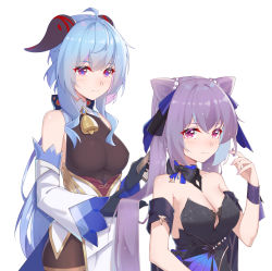 Rule 34 | 2girls, ahoge, arm ribbon, bell, black dress, black gloves, blue hair, bodysuit, breasts, brushing another&#039;s hair, brushing hair, cleavage, comb, cone hair bun, cowbell, detached collar, detached sleeves, diamond-shaped pupils, diamond (shape), dress, ganyu (genshin impact), genshin impact, gloves, goat horns, hair bun, hair ribbon, hand up, highres, holding, holding another&#039;s hair, holding comb, horns, ironmarch, keqing (genshin impact), keqing (opulent splendor) (genshin impact), light smile, long hair, medium breasts, multiple girls, nail polish, pantyhose, pearl hair ornament, purple dress, purple eyes, purple hair, purple nails, ribbon, symbol-shaped pupils, thighband pantyhose, twintails, two-tone dress, white background, wide sleeves, wrist ribbon