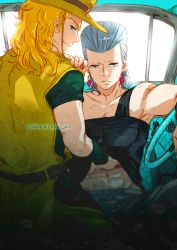 Rule 34 | 2boys, abs, blonde hair, blue eyes, car interior, clothes lift, cowboy hat, flattop, grey hair, hat, hol horse, jean pierre polnareff, jojo no kimyou na bouken, looking at viewer, male focus, multiple boys, shirt lift, stardust crusaders, tianel ent, yaoi