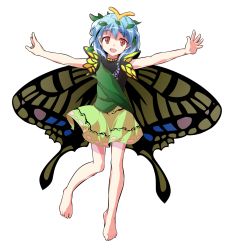 Rule 34 | 1girl, :d, alphes (style), antennae, barefoot, butterfly wings, commentary request, dairi, dress, eternity larva, fairy, full body, hair between eyes, insect wings, leaf, leaf on head, looking at viewer, medium hair, multicolored clothes, multicolored dress, open mouth, parody, simple background, smile, solo, style parody, touhou, transparent background, wings