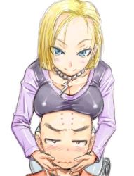 Rule 34 | 1boy, 1girl, amania orz, android 18, bald, blonde hair, blue eyes, blush, breast rest, breasts, breasts on head, cleavage, couple, dragon ball, dragonball z, embarrassed, height difference, hetero, husband and wife, kuririn, looking at viewer, smile, white background