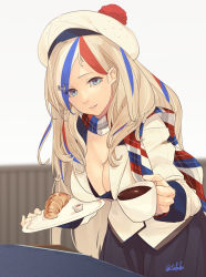 Rule 34 | 1girl, anchor hair ornament, aqua eyes, beret, black skirt, blonde hair, blue hair, breasts, cleavage, coffee, coffee cup, commandant teste (kancolle), croissant, cup, disposable cup, food, fuwafuwatoufu, hair ornament, hat, highres, holding, holding cup, holding plate, jacket, kantai collection, large breasts, long hair, long sleeves, looking at viewer, multicolored clothes, multicolored hair, multicolored scarf, one-hour drawing challenge, parted lips, plate, pom pom (clothes), red hair, scarf, skirt, solo, streaked hair, twitter username, white hat, white jacket