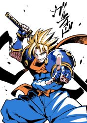 Rule 34 | 1boy, armor, blonde hair, blue eyes, commentary request, fingerless gloves, galford d weller, gloves, japanese clothes, looking at viewer, male focus, ninja, open mouth, samurai spirits, scarf, simple background, solo, sword, tukiwani, weapon, white background