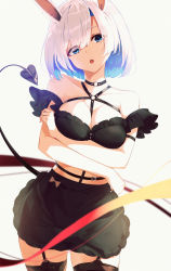 Rule 34 | 1girl, :o, absurdres, animal ears, bad id, bad pixiv id, bare shoulders, black bra, black choker, black skirt, black thighhighs, blue eyes, blue hair, bra, breasts, choker, cleavage, commentary request, copyright request, cowboy shot, crossed arms, demon tail, frilled skirt, frills, garter straps, head tilt, highres, kooemong, looking at viewer, medium breasts, miniskirt, multicolored hair, o-ring, o-ring choker, open mouth, rabbit ears, short hair, silver hair, simple background, skirt, strap slip, tail, thighhighs, two-tone hair, underwear, white background, zettai ryouiki