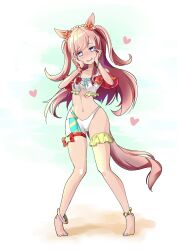 Rule 34 | 1girl, adapted costume, agnes digital (umamusume), alternate costume, animal ears, bikini, blue eyes, blush, breasts, collarbone, fingernails, hair ornament, heart, heart-shaped pupils, highres, horse ears, horse girl, horse tail, kyabetsuman, long hair, looking at viewer, navel, open mouth, pink hair, small breasts, solo, standing, swimsuit, symbol-shaped pupils, tail, thigh strap, two side up, umamusume