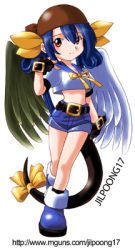 Rule 34 | 1girl, ankle boots, arc system works, arm at side, artist name, asymmetrical wings, bandana, belt, black gloves, black socks, black wings, blue footwear, blue hair, blue sailor collar, blue shorts, blush, boots, buckle, chibi, chibi only, closed mouth, crop top, denim, denim shorts, dizzy (guilty gear), fingerless gloves, gloves, guilty gear, hair between eyes, hair ribbon, hair rings, hand up, jilpoong17, light smile, long hair, looking at viewer, lowres, midriff, pirate, red eyes, ribbon, sailor collar, shirt, short shorts, short sleeves, shorts, simple background, smile, socks, solo, standing, tail, tail ornament, tail ribbon, twintails, very long hair, watermark, web address, white background, white shirt, white wings, wings, yellow ribbon