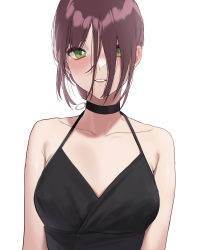 Rule 34 | 1girl, absurdres, bare shoulders, black choker, black dress, blush, breasts, chainsaw man, choker, collarbone, dress, green eyes, hair over one eye, highres, kir (khw66136132), looking at viewer, medium breasts, parted lips, portrait, purple hair, reze (chainsaw man), short hair, sleeveless, sleeveless dress, smile, solo, upper body