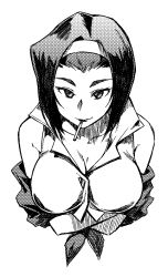 Rule 34 | 1girl, breasts, cigarette, cleavage, cowboy bebop, faye valentine, greyscale, hairband, highres, large breasts, looking at viewer, medium hair, monochrome, mouth hold, simple background, smile, solo, tachibana roku, upper body, white background