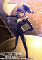 Rule 34 | 1girl, black bodysuit, blue eyes, bodysuit, boots, carina (one piece), commentary request, copyright name, earrings, from above, gloves, hand on own hip, highres, holding, jewelry, koushi rokushiro, official art, one piece, one piece card game, one piece film: gold, ponytail, purple hair, shadow, sidelighting, sidelocks, smile, solo, zipper