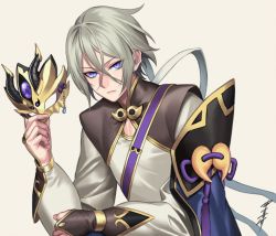 Rule 34 | 1boy, bad id, bad pixiv id, blue eyes, bracer, fate/grand order, fate (series), prince of lan ling (fate), hair between eyes, horned mask, looking at viewer, male focus, mask, unworn mask, silver hair, simple background, solo, sora yoshitake yuda, white background