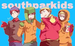 Rule 34 | 4boys, animification, beanie, black hair, blonde hair, brown hair, closed eyes, clothes grab, coat, copyright name, earflap hat, eric cartman, fat, gloves, hat, hat pompom, hood, hoodie, kenny mccormick, kyle broflovski, magazine (object), male focus, middle finger, multiple boys, obese, playboy, reading, shrugging, sorceress (akaponu), south park, stan marsh, winter clothes