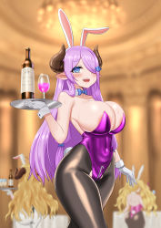 Rule 34 | 3girls, :d, absurdres, animal ears, areola slip, ass, black pantyhose, blonde hair, blue eyes, blush, bottle, breasts, cleavage, covered navel, cup, draph, drinking glass, gloves, granblue fantasy, hair ornament, hair over one eye, harigane mutsumi (harigane623), highres, horns, large breasts, leotard, long hair, multiple girls, narmaya (granblue fantasy), open mouth, pantyhose, playboy bunny, pointy ears, purple hair, rabbit ears, rabbit tail, smile, sweat, tail, teeth, tray, twintails, white gloves, white pantyhose, wine glass, wrist cuffs, zipper