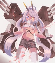 Rule 34 | 1girl, ahoge, azur lane, bandeau, black gloves, black shorts, blue eyes, blush, breasts, commentary request, covered mouth, cowboy shot, dark-skinned female, dark skin, fingerless gloves, gloves, heterochromia, horns, indianapolis (azur lane), long hair, looking at viewer, mechanical arms, mechanical horns, medium breasts, on (eva00x), pink hair, shorts, simple background, solo, thighhighs, turret, turtleneck, twintails, underboob, very long hair, white background, white bandeau, white thighhighs, yellow eyes