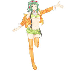 Rule 34 | 1girl, boots, breasts, female focus, full body, goggles, goggles on head, green eyes, green hair, gumi, gumi (v3 megpoid), headphones, highres, jacket, kooki, matching hair/eyes, midriff, navel, red-tinted eyewear, short hair, shorts, simple background, smile, solo, suspenders, thigh boots, thighhighs, tinted eyewear, underboob, vocaloid, white background