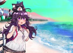 Rule 34 | 1girl, :o, ahoge, bad id, bad twitter id, beach, bikini, black skirt, blue sky, blush, breasts, cat, cleavage, commentary request, day, dress, jewelry, large breasts, long hair, messy hair, necklace, nyarla (osiimi), ocean, original, osiimi, outdoors, pleated skirt, purple hair, side-tie bikini bottom, side-tie peek, skirt, sky, solo, sparkle, standing, swimsuit, tail, tail wagging, white dress, wide-eyed