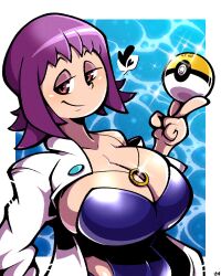 Rule 34 | 1girl, breasts, cleavage, creatures (company), game freak, gs ball, highleg, highleg swimsuit, highres, holding, holding poke ball, jewelry, lab coat, large breasts, legendofnerd, looking at viewer, nintendo, one-piece swimsuit, philena ivy, poke ball, pokemon, pokemon (anime), pokemon (classic anime), purple eyes, purple hair, ring, shiny skin, smile, solo, swimsuit