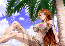 Rule 34 | 1girl, arm support, arm tattoo, bare shoulders, beach, belly chain, bikini, blue sky, bracelet, breasts, closed mouth, cloud, collarbone, day, feet out of frame, jewelry, knees up, large breasts, leaning back, long hair, looking at viewer, multicolored bikini, multicolored clothes, nami (one piece), nel-zel formula, one piece, orange eyes, orange hair, out of frame, outdoors, palm leaf, palm tree, photoshop (medium), sand, shiny skin, side-tie bikini bottom, sitting, sky, smile, solo, stomach, striped bikini, striped clothes, swimsuit, tattoo, thighs, tight clothes, toned, tree, underboob, very long hair