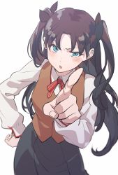 Rule 34 | 1girl, black skirt, blouse, blue eyes, bow, brown hair, brown vest, collared shirt, fate/stay night, fate (series), hand on own hip, highres, homurahara academy school uniform, leaning forward, parted bangs, red bow, school uniform, shirt, skirt, solo, takahasu kaoru, tohsaka rin, two side up, v-shaped eyebrows, vest, white background, white shirt