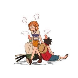 Rule 34 | 1girl, 2boys, angry, clothes grab, feet out of frame, green hair, haramaki, hat, hat on back, monkey d. luffy, multiple boys, multiple head bumps, nami (one piece), one piece, orange hair, puff of air, roronoa zoro, short hair, sideburns, simple background, simplebeam, straw hat, sword, triple wielding, weapon, white background