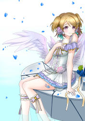 Rule 34 | 1girl, absurdres, alternate hairstyle, angel wings, aqua ribbon, artist name, artist request, back bow, bare shoulders, blue petals, blush, bow, breasts, brown hair, cleavage, collarbone, cy7989, detached legs, dress, feathered wings, female focus, flower, frilled dress, frills, grey dress, hair between eyes, hair flower, hair ornament, hair ribbon, hairpin, hand on own chest, happy, headphones, heart, heart tattoo, highres, jewelry, koizumi hanayo, layered dress, leg tattoo, looking at viewer, love live!, love live! school idol festival, love live! school idol project, parted lips, petals, purple eyes, ribbon, see-through, short dress, short hair, sitting, skirt, sleeveless, sleeveless dress, small breasts, smile, solo, striped, striped bow, tattoo, twintails, two side up, white bow, white dress, white flower, white skirt, white wings, wings, x hair ornament