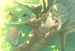 Rule 34 | 00s, 10s, 1girl, 2015, belt, book, coffee, dated, dress shirt, female focus, from above, green eyes, green hair, holster, jacket, kino (kino no tabi), kino no tabi, looking at viewer, looking up, matching hair/eyes, nature, outdoors, pants, plant, pouch, seu kaname, shade, shirt, short hair, signature, sitting, smile, solo, tomboy, tree, wince