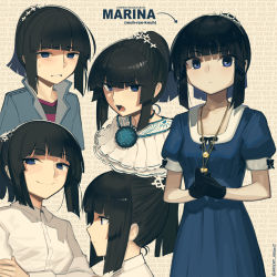 Rule 34 | 1girl, text background, black gloves, black hair, blue dress, blue eyes, blue jacket, blunt bangs, blunt ends, blush, blush stickers, boa (brianoa), bow, breasts, capelet, character name, collared shirt, commentary, crossed arms, doyagao, dress, dress bow, english commentary, frilled capelet, frills, gloves, hair ornament, half-closed eyes, hands up, heart, heart necklace, highres, jacket, jewelry, layered capelet, light blush, looking at viewer, marina (boa (brianoa)), multiple views, necklace, open mouth, original, own hands together, pendant, profile, shirt, short hair, short ponytail, sidelocks, small breasts, smile, smug, solo, square neckline, striped, sun print, sweatdrop, twitter username, updo, variations, white capelet, white shirt, wing collar
