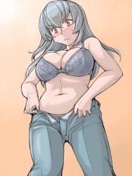 Rule 34 | 00s, 1girl, aged up, blush, bra, breasts, curvy, denim, dressing, jeans, lace, lace bra, lace panties, large breasts, lingerie, navel, open fly, panties, pants, red eyes, rozen maiden, silver hair, solo, suigintou, tsuda nanafushi, underwear, unzipped, weight conscious