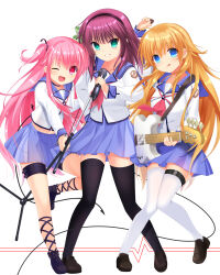 Rule 34 | &gt;:), 3girls, :d, :q, ahoge, angel beats!, black footwear, black hairband, black ribbon, black thighhighs, blue eyes, blue sailor collar, blue skirt, blush, breasts, closed mouth, commentary, cross-laced footwear, eyes visible through hair, fang, full body, girls dead monster, green eyes, green ribbon, grin, guitar, hair between eyes, hair ribbon, hairband, hand up, happy, highres, holding, holding instrument, holding microphone, holding microphone stand, instrument, knees together feet apart, legs, loafers, long hair, long sleeves, looking at viewer, medium hair, microphone, microphone stand, miniskirt, multiple girls, nakamura yuri, neckerchief, one eye closed, open mouth, orange hair, otou (otou san), pink eyes, pink hair, pink neckerchief, pleated skirt, purple hair, ribbon, sailor collar, school uniform, sekine shiori, shinda sekai sensen uniform, shirt, shoes, sidelocks, simple background, skirt, small breasts, smile, spiked hair, standing, standing on one leg, straight-on, straight hair, thigh strap, thighhighs, thighs, tongue, tongue out, two side up, v-shaped eyebrows, very long hair, white background, white shirt, white thighhighs, yui (angel beats!), zettai ryouiki