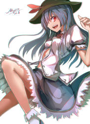 Rule 34 | 1girl, blue hair, hair over one eye, hat, highres, hinanawi tenshi, long hair, myero, open mouth, puffy short sleeves, puffy sleeves, red eyes, shirt, short sleeves, signature, skirt, smile, solo, touhou