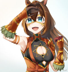 Rule 34 | 1girl, absurdres, animal ears, arm up, armpits, blue eyes, breasts, brown hair, cleavage, cleavage cutout, clenched hand, clothing cutout, commentary request, domino mask, el condor pasa (kukulkan monk) (umamusume), el condor pasa (umamusume), gauntlets, gloves, hair between eyes, high collar, highres, horse ears, long hair, mask, medium breasts, mido (mido lf31), official alternate costume, official alternate hairstyle, open mouth, ponytail, red gloves, red skirt, shading eyes, skirt, smile, solo, umamusume, upper body