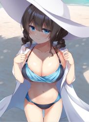 Rule 34 | 1girl, :3, amakarashi, beach, bikini, black bikini, blue bikini, blue eyes, breasts, brown hair, cleavage, closed mouth, collarbone, commission, gluteal fold, hair between eyes, hat, highres, large breasts, long hair, looking at viewer, md5 mismatch, navel, original, outdoors, pixiv commission, resolution mismatch, shirt, smug, solo, source larger, stomach, summer, sun hat, swimsuit, thigh gap, white hat, white shirt