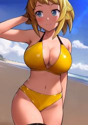Rule 34 | 1girl, alternate costume, arm up, beach, bikini, blue eyes, blush, breasts, brown hair, closed mouth, commentary request, gundam, gundam build fighters, gundam build fighters try, haruhisky, highres, hoshino fumina, large breasts, navel, outdoors, short hair, smile, solo, swimsuit, thighhighs, thighs, wet, yellow bikini