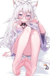 Rule 34 | 1girl, :q, animal ears, antenna hair, arm at side, barefoot, black ribbon, blush, breasts, cat ears, cat girl, cat tail, character request, cleavage, closed mouth, copyright request, dot nose, dress, eip (pepai), feet, foot focus, full body, glasses, grey hair, hand up, highres, large breasts, legs together, long hair, neck ribbon, off shoulder, purple-framed eyewear, purple dress, purple eyes, ribbon, round eyewear, short dress, sidelocks, smile, soles, solo, tail, thighs, toes, tongue, tongue out