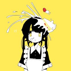 Rule 34 | 1girl, apron, black dress, cake, cake slice, collared dress, commentary request, dress, food, frilled apron, frills, fruit, greyscale, looking at viewer, maid, monochrome, original, outo eguchi, short sleeves, simple background, solo, splatter, strawberry, waist apron, yellow background