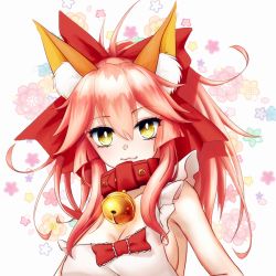 Rule 34 | 1girl, animal ear fluff, animal ears, apron, bell, breasts, cleavage, collar, collarbone, fang, fang out, fate/grand order, fate (series), floral background, fox ears, fox girl, hair ribbon, jingle bell, ladle, large breasts, long hair, looking at viewer, lytlennier, naked apron, neck bell, pink hair, ponytail, red ribbon, ribbon, sideboob, solo, tamamo (fate), tamamo cat (fate), tamamo cat (third ascension) (fate), white apron, yellow eyes