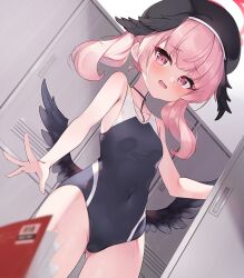 Rule 34 | 1girl, 2drr, black hat, black one-piece swimsuit, black wings, blue archive, blush, competition swimsuit, covered navel, gluteal fold, halo, hat, head wings, koharu (blue archive), locker, locker room, looking at viewer, low wings, one-piece swimsuit, open mouth, pink eyes, pink hair, red halo, short hair, solo, standing, swimsuit, twintails, winged hat, wings