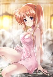 Rule 34 | 1girl, bare shoulders, blue eyes, blush, breasts, brown hair, cleavage, covered navel, highres, kuroi mimei, long hair, looking at viewer, lyrical nanoha, mahou shoujo lyrical nanoha strikers, medium breasts, naked towel, nude, onsen, outdoors, side ponytail, sitting, smile, solo, steam, takamachi nanoha, thighs, towel, wet