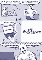 Rule 34 | 1boy, 5koma, ass, blue archive, closed eyes, comic, commentary, completely nude, computer, copyright name, crying, crying emoji, emoji, english commentary, english text, unworn eyewear, gilxelothz43, glasses, hands up, highres, i&#039;m a grown man (meme), laptop, looking at mirror, male focus, meme, mirror, monochrome, nude, open mouth, pointing, speech bubble, streaming tears, tears, uohhhhhhhhh! (meme), v-shaped eyebrows