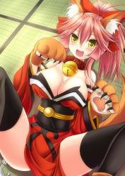 Rule 34 | 1girl, animal ears, bell, black thighhighs, breasts, cleavage, cless (tamaota), collar, detached sleeves, fang, fate/grand order, fate (series), female focus, fox ears, fox tail, hair ribbon, japanese clothes, large breasts, looking at viewer, lying, neck bell, open mouth, pink hair, ribbon, solo, spread legs, tail, tamamo (fate), tamamo cat (fate), tamamo cat (first ascension) (fate), tamamo no mae (fate/extra), thighhighs, yellow eyes