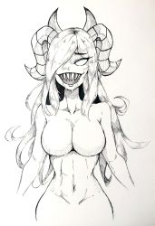 Rule 34 | 1girl, absurdres, archived source, commentary, demon girl, drawfag, greyscale, hair over one eye, hatching (texture), highres, horns, ink (medium), linea alba, linear hatching, monochrome, no nipples, saliva, scan, sharp teeth, siren (the binding of isaac), solo, teeth, the binding of isaac, traditional media, upper body, wavy hair, white background