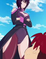 Rule 34 | 10s, 1boy, 1girl, angry, blue sky, cameltoe, cleavage cutout, clothing cutout, cloud, coat, coattails, crossed arms, covered erect nipples, high collar, highres, leotard, liebert, looking down, looking up, majin bone, purple hair, red eyes, ryuujin shougo, serious, short hair, sky, sweat, third-party edit