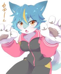 Rule 34 | 1girl, :o, animal ears, animal hands, artist request, blonde hair, blue hair, blush, breasts, brown eyes, claws, fang, furry, furry female, hands up, jacket, long sleeves, looking at viewer, multicolored hair, nanahoshi suzu, original, pants, paw pose, pawpads, short hair, simple background, solo, streaked hair, tail, two-tone hair, virtual youtuber, white background, wolf ears, wolf tail